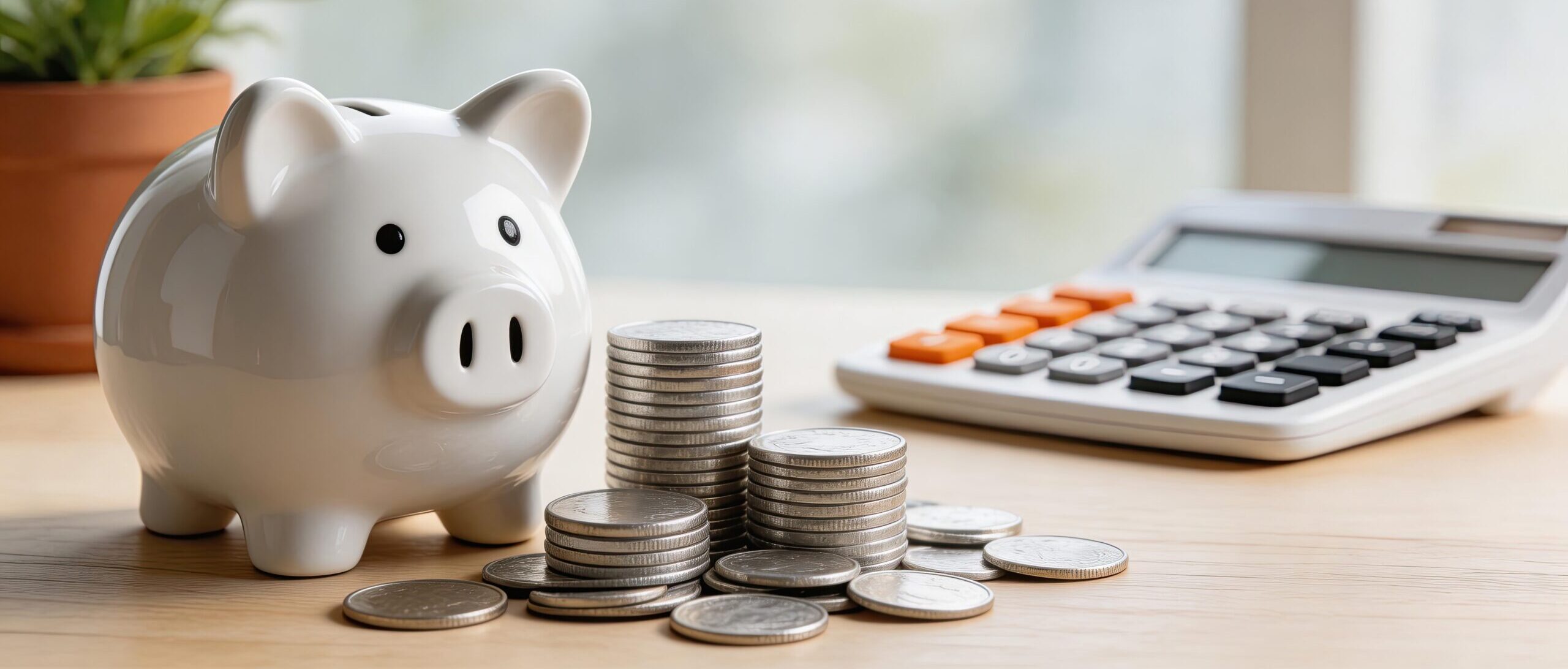Piggy bank, stacks of silver coins, and a calculator | For web page on criminal defense attorney fees | Braddock Law | Denver, CO